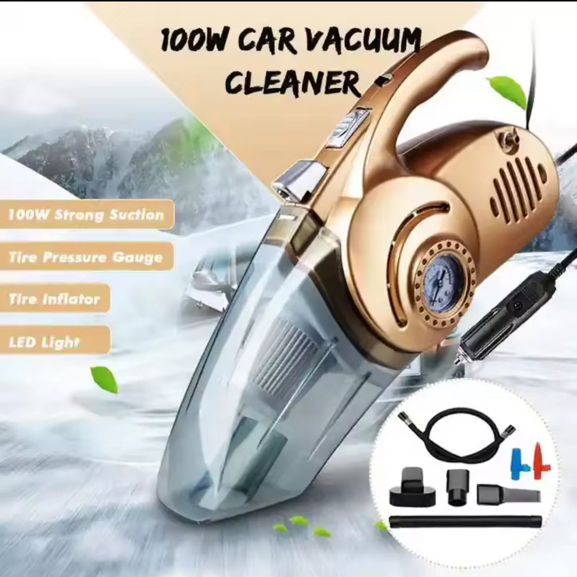 100W car vacuum cleaner with tire pressure gauge and inflator on a car window background.