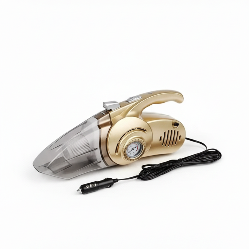 Gold and black car vacuum cleaner on a white background