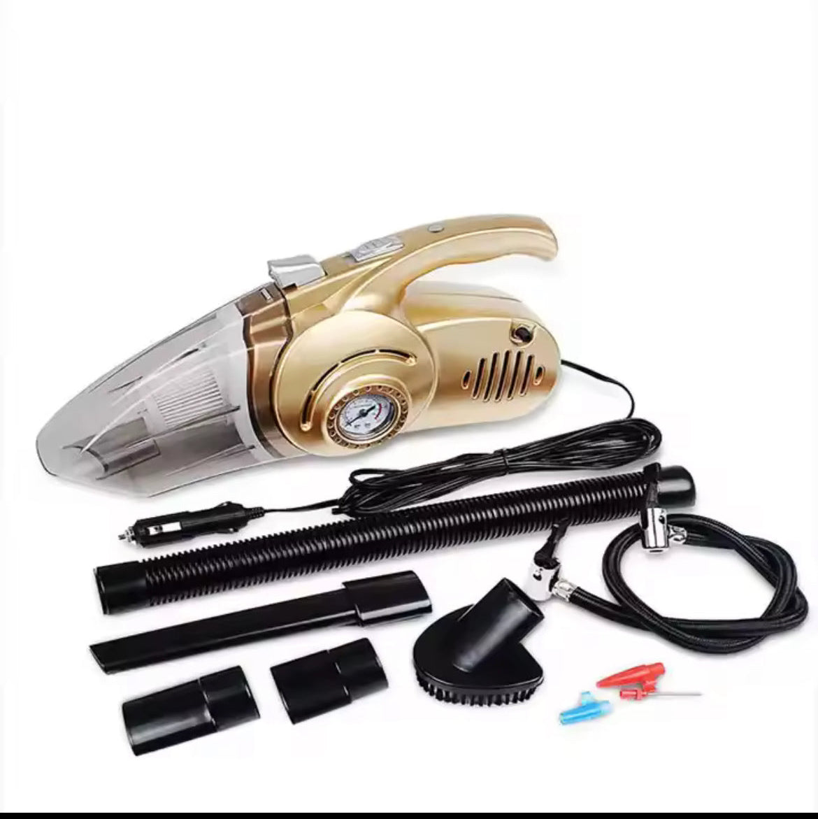 Gold and black car vacuum cleaner with attachments on a white background