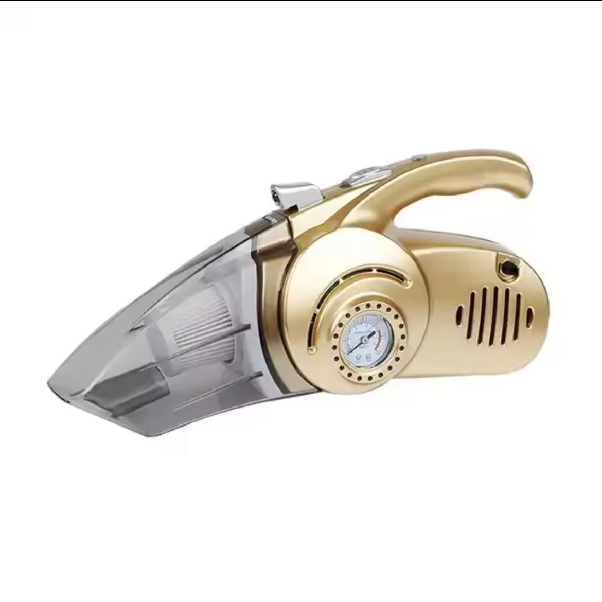 Gold and clear handheld vacuum cleaner on a white background