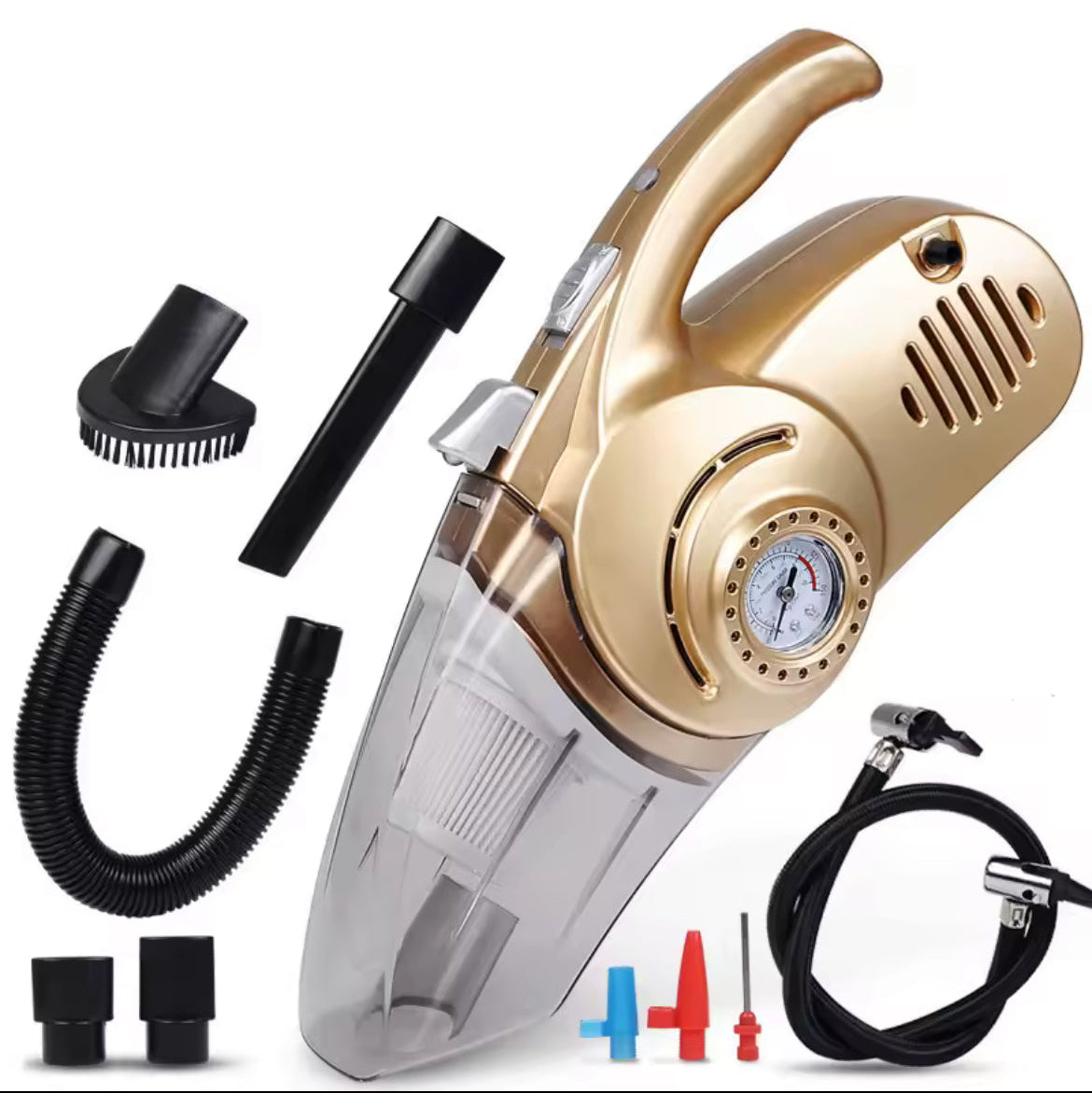 Gold handheld vacuum cleaner with attachments on a white background