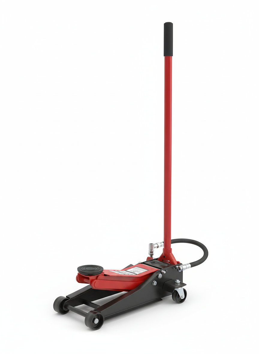 Red and black floor jack on a white background