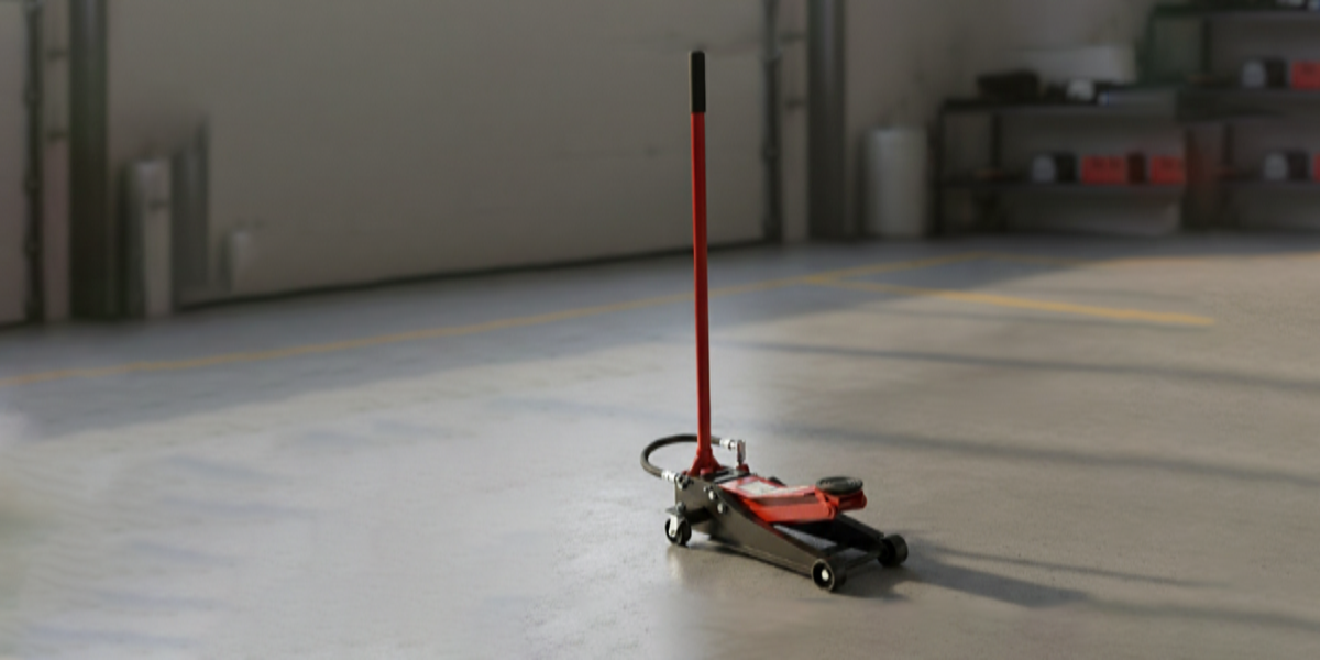 Red floor jack on a concrete floor in an industrial setting